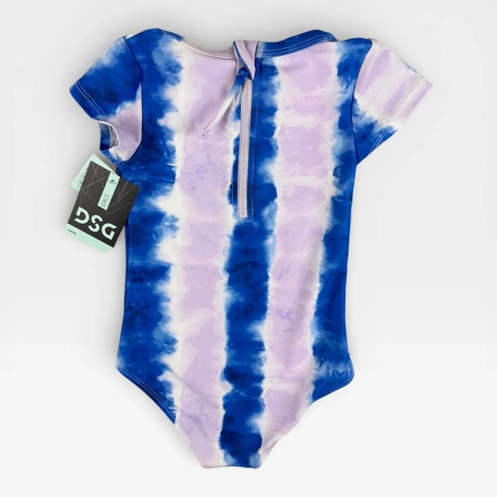 DSG Girls Britney One Piece Swimsuit S Lilac Blue Dye Stripe Size XS 4-6‎ NWT
